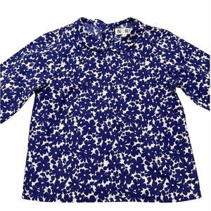 Noro Floral Blouse Cotton Blue White Peter Pan Collar Button Back Boho Girls 6A